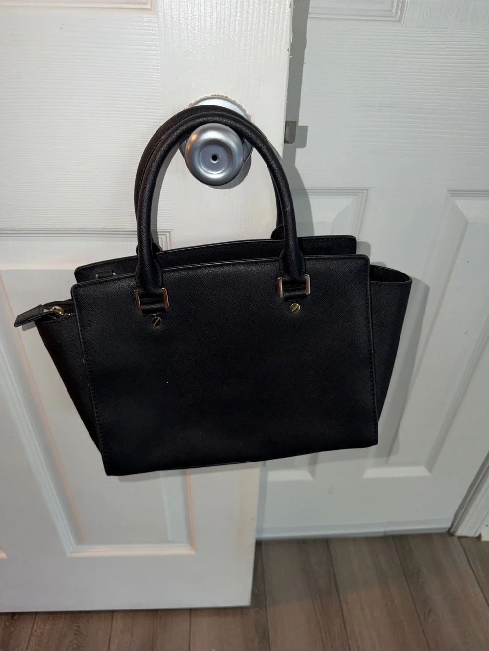 MICHAEL KORS Black Saffiano Leather Satchel with Gold Hardware